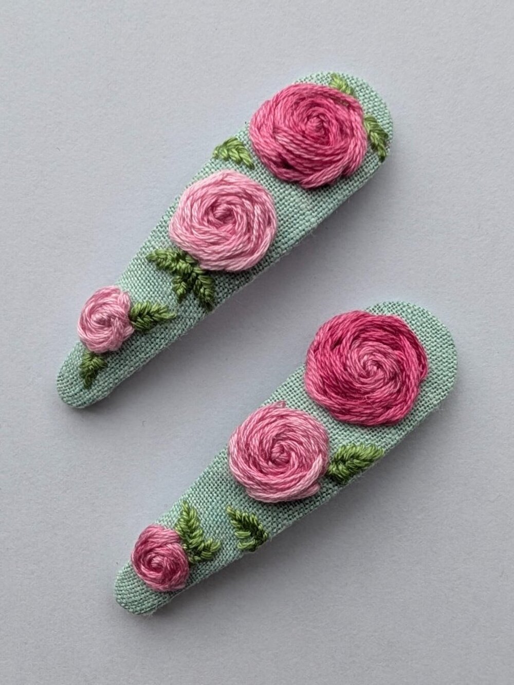 New Pink Roses hand embroidered linen cotton hair clips handmade accessories